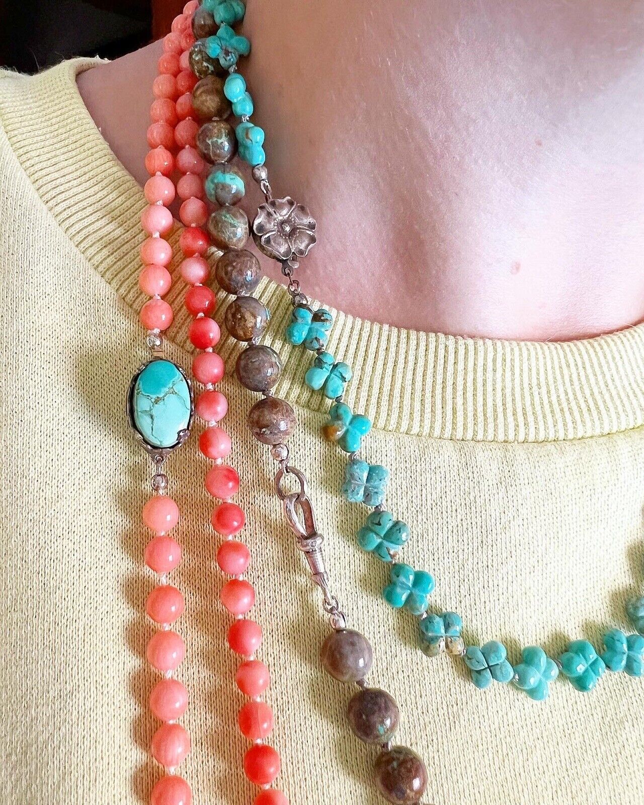 VINTAGE • Number 8 Turquoise Hand Carved Flower & Sterling Silver Clasp Necklace