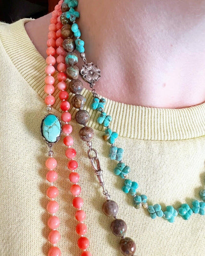 VINTAGE • Number 8 Turquoise Hand Carved Flower & Sterling Silver Clasp Necklace