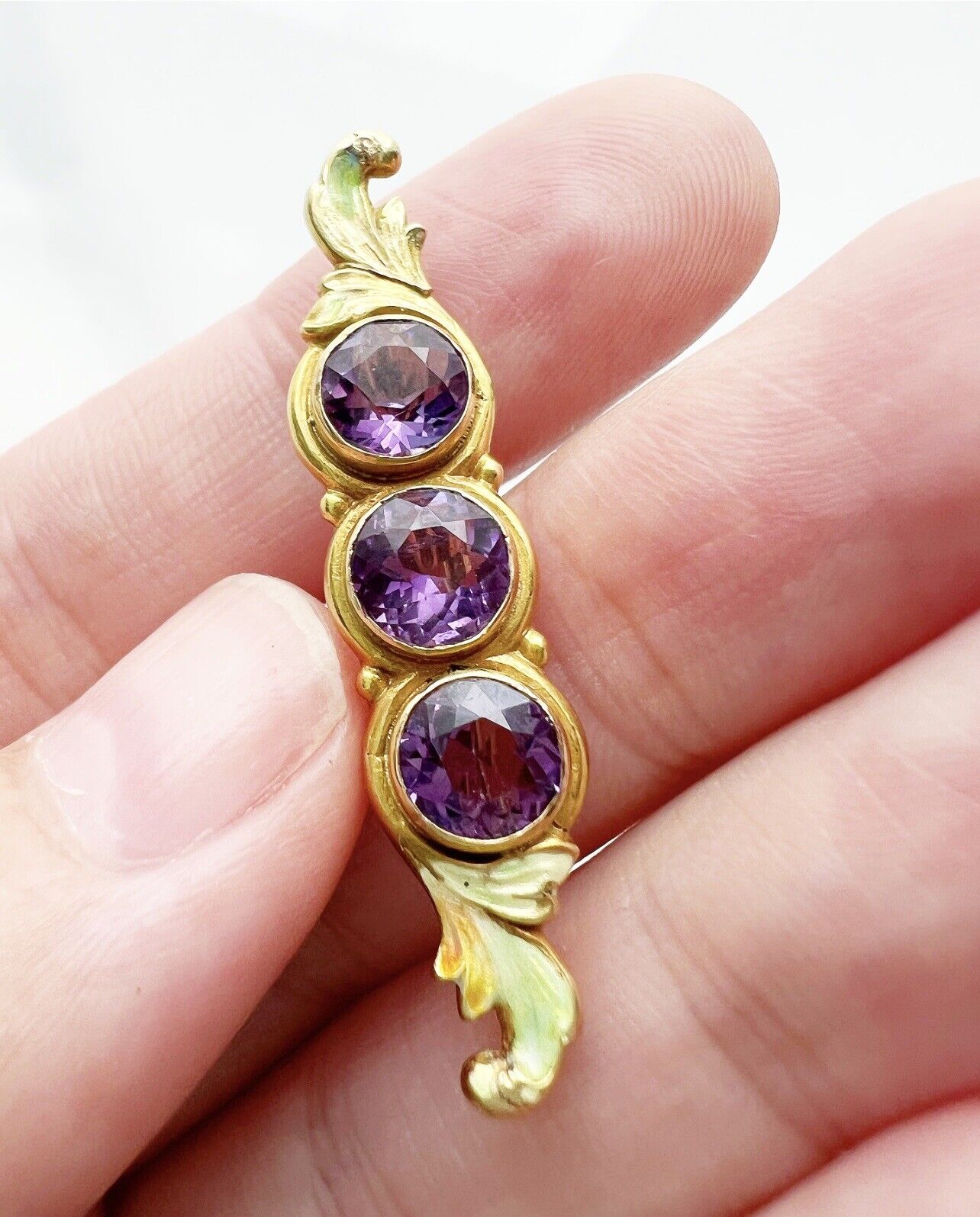 ANTIQUE • Art Nouveau 14k Yellow Gold Amethyst w/ Guilloche Enamel Bar Brooch