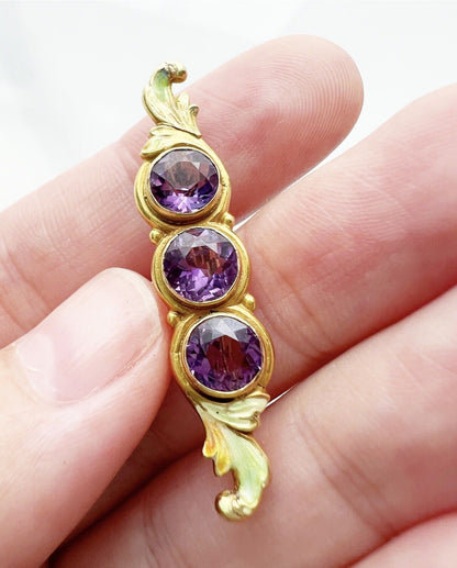 ANTIQUE • Art Nouveau 14k Yellow Gold Amethyst w/ Guilloche Enamel Bar Brooch