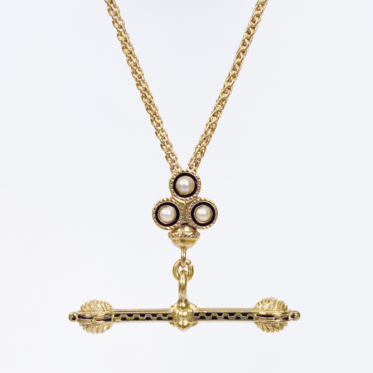 ANTIQUE • Victorian 14k Gold Taille d’Epargne Enamel Clover w/ Pearl Slide Chain & T-Bar Necklace