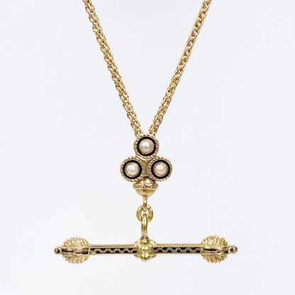 ANTIQUE • Victorian 14k Gold Taille d’Epargne Enamel Clover w/ Pearl Slide Chain & T-Bar Necklace