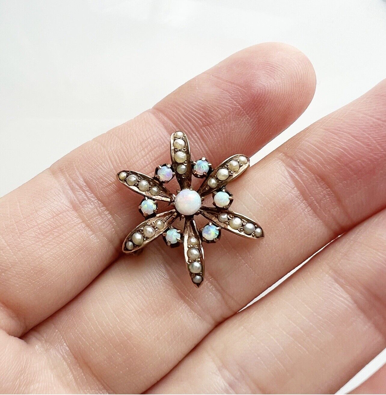 ANTIQUE • Art Nouveau 10k Gold Opal & Seed Pearl Star Flower Brooch Pendant