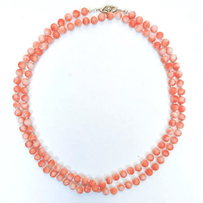 ANTIQUE • Victorian Natural Coral Bead Necklace w/ 14k White Gold Old Mine Cut Diamond Clasp