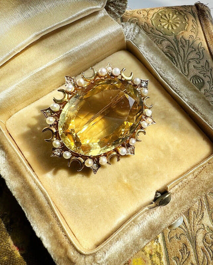 ANTIQUE • Victorian 14k Gold Citrine w/ Seed Pearls & Diamond Pendant Brooch