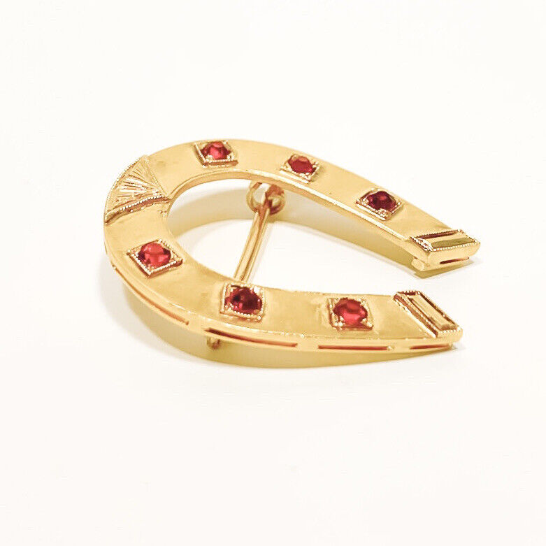 ANTIQUE • Victorian 10k Yellow Gold w/ Paste Garnet Horseshoe Brooch