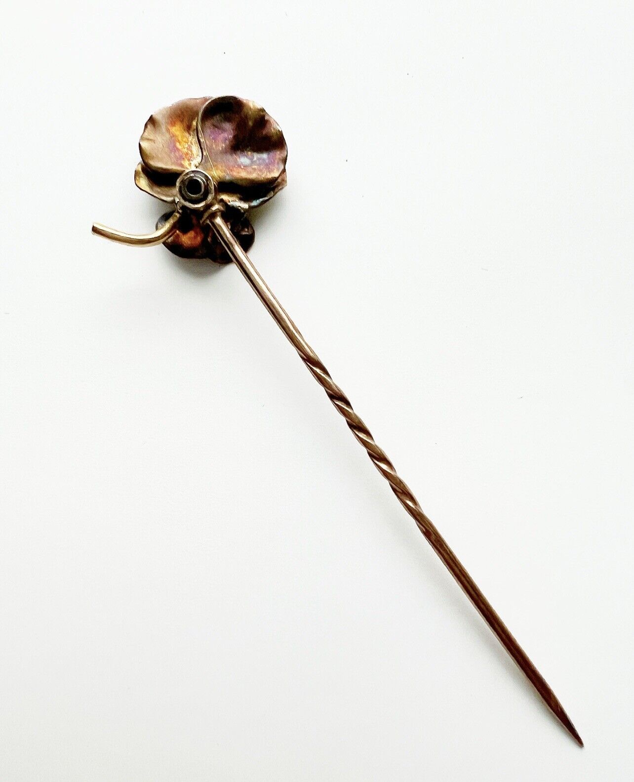 ANTIQUE • Art Nouveau 10k Yellow Gold w/ Enamel & Pearl Pansy Flower Stick Pin