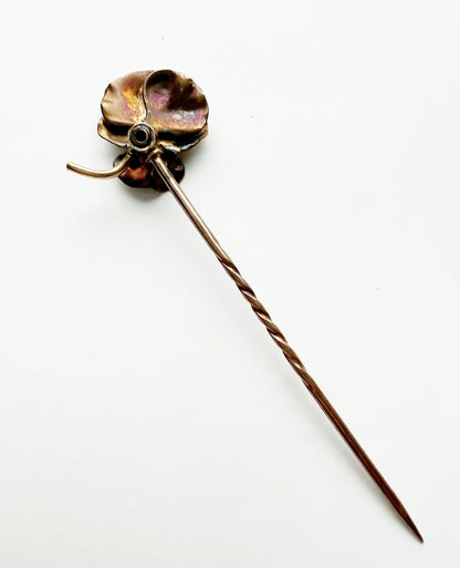 ANTIQUE • Art Nouveau 10k Yellow Gold w/ Enamel & Pearl Pansy Flower Stick Pin