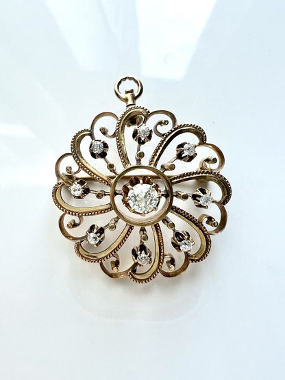 ANTIQUE • Victorian 14k Gold Old Mine Cut Diamond Swirling Sun Starburst Brooch Pendant