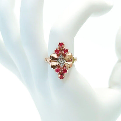 ANTIQUE • Art Deco 14k Rose Gold w/ Diamond & Rubies Cocktail Ring Sz. 4