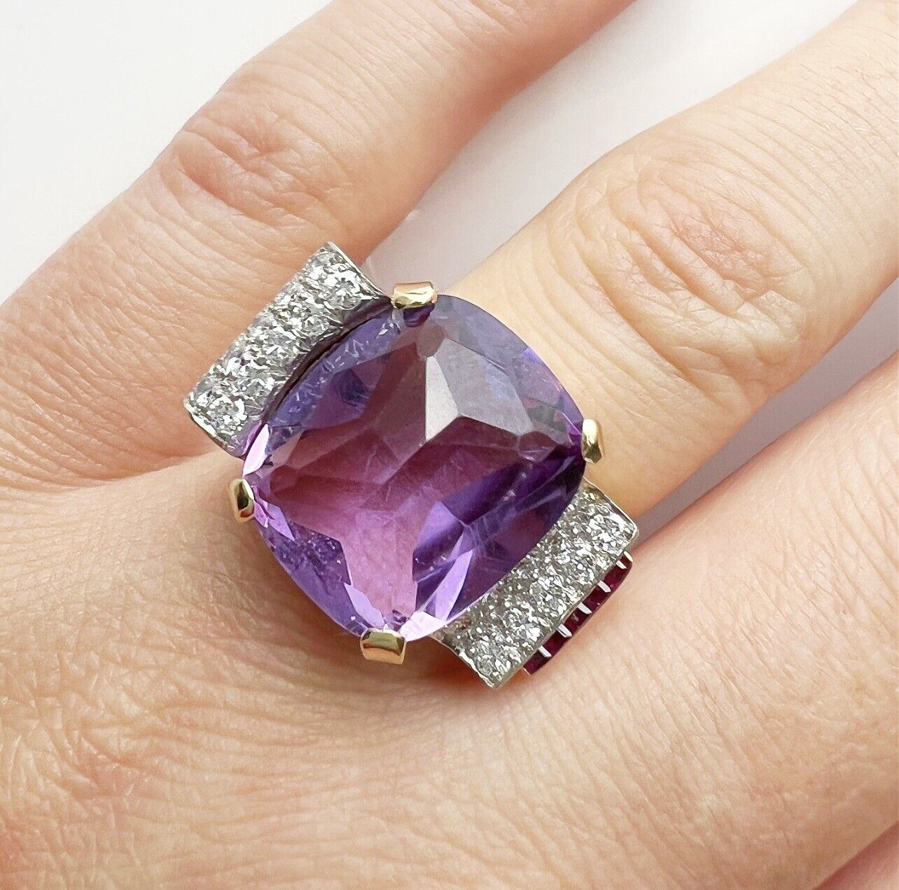 ANTIQUE • Retro 14k Gold Natural Amethyst w/ Diamond & Ruby Cocktail Tank Ring