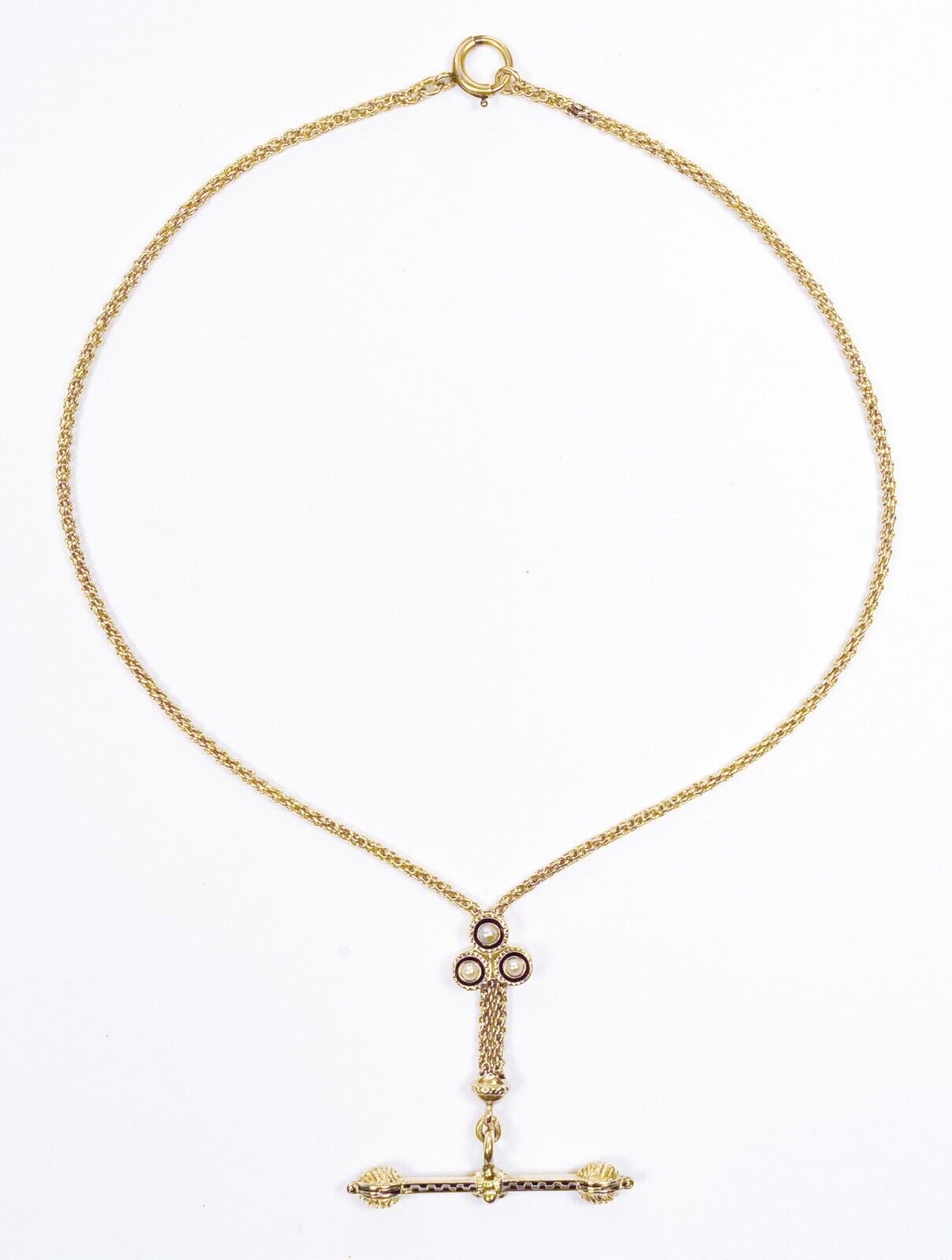 ANTIQUE • Victorian 14k Gold Taille d’Epargne Enamel Clover w/ Pearl Slide Chain & T-Bar Necklace