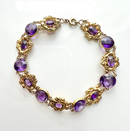 ANTIQUE • Art Nouveau 14k Yellow Gold Repoussé w/ Amethyst Link Bracelet