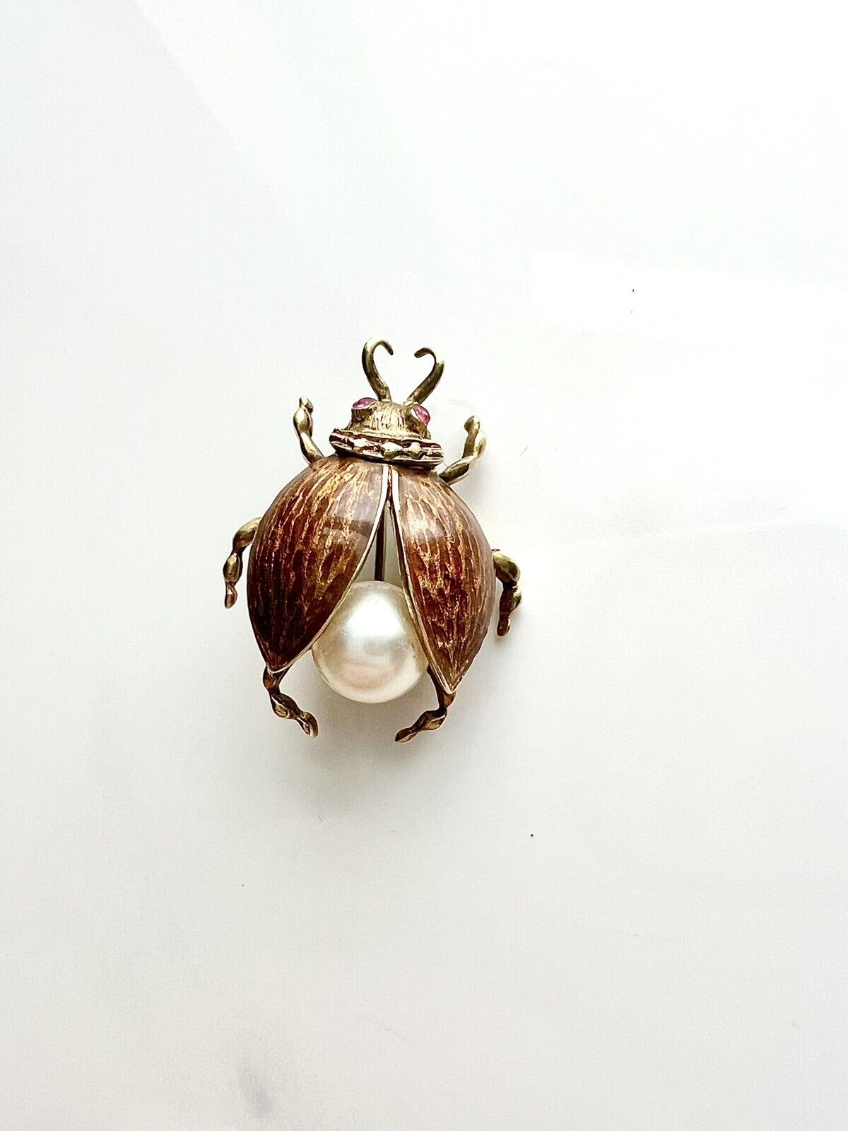 ANTIQUE • Art Nouveau 14k Gold w/ Guilloche Enamel Pearl & Ruby Eyes Beetle Bug Brooch