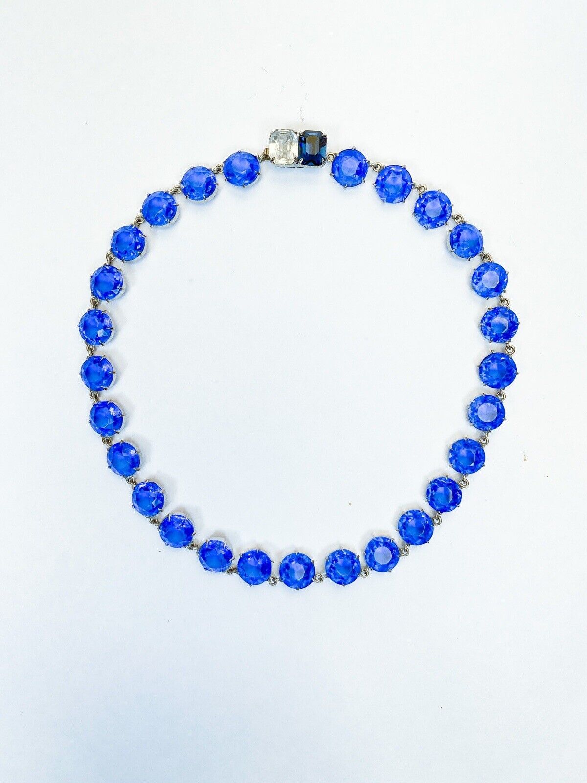 ANTIQUE • Art Deco Sterling Silver Blue Sapphire Crystal Paste Rivière Necklace