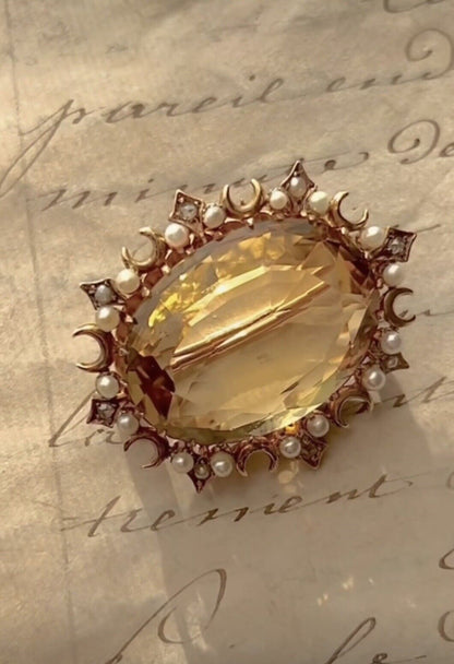 ANTIQUE • Victorian 14k Gold Citrine w/ Seed Pearls & Diamond Pendant Brooch