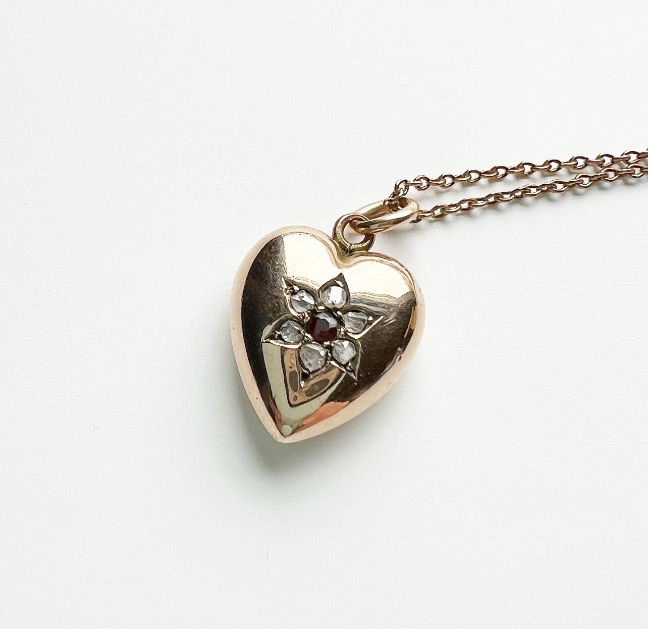 ANTIQUE • Victorian 9ct Rose Gold w/ Rose Cut Diamond Garnet Heart Charm & Chain