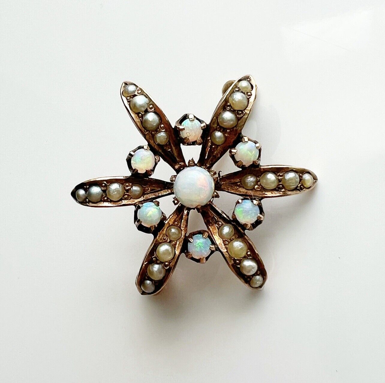 ANTIQUE • Art Nouveau 10k Gold Opal & Seed Pearl Star Flower Brooch Pendant