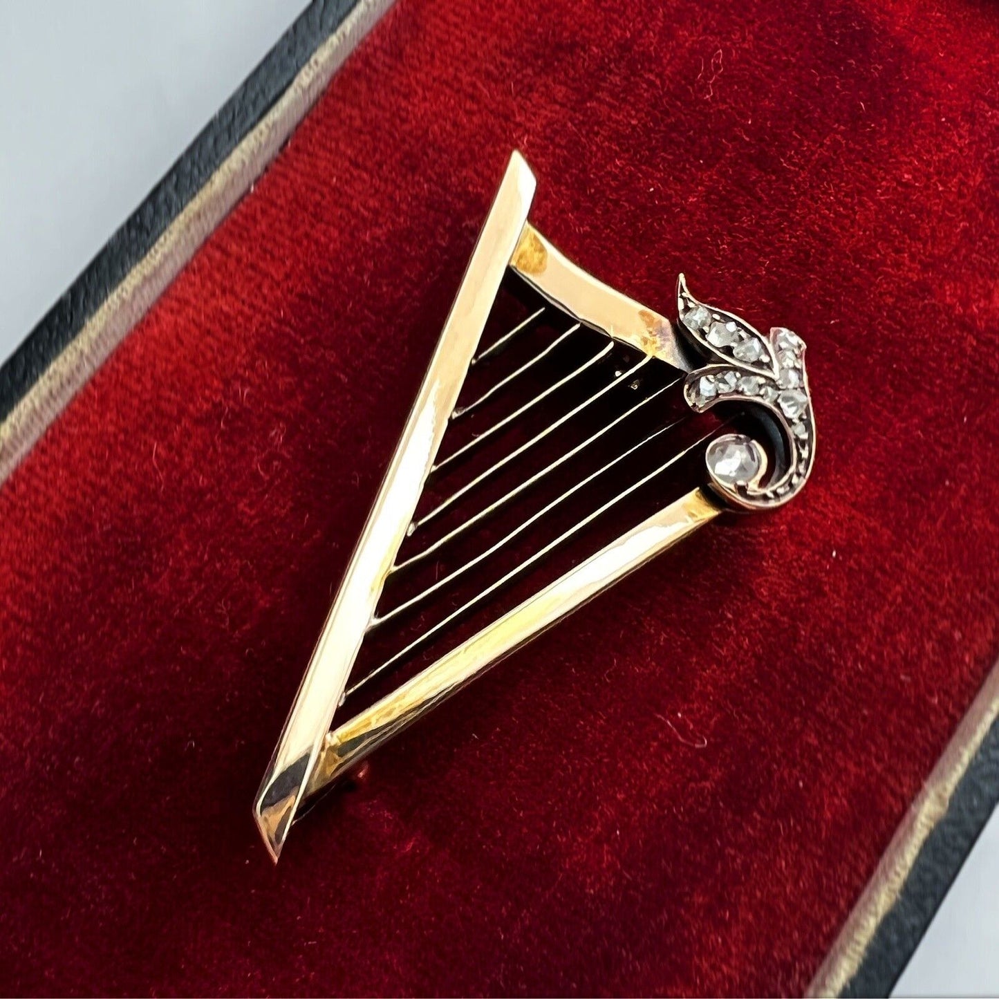 ANTIQUE • Victorian 18k Rosy Yellow Gold w/ Rose Cut Diamonds Harpsichord Brooch