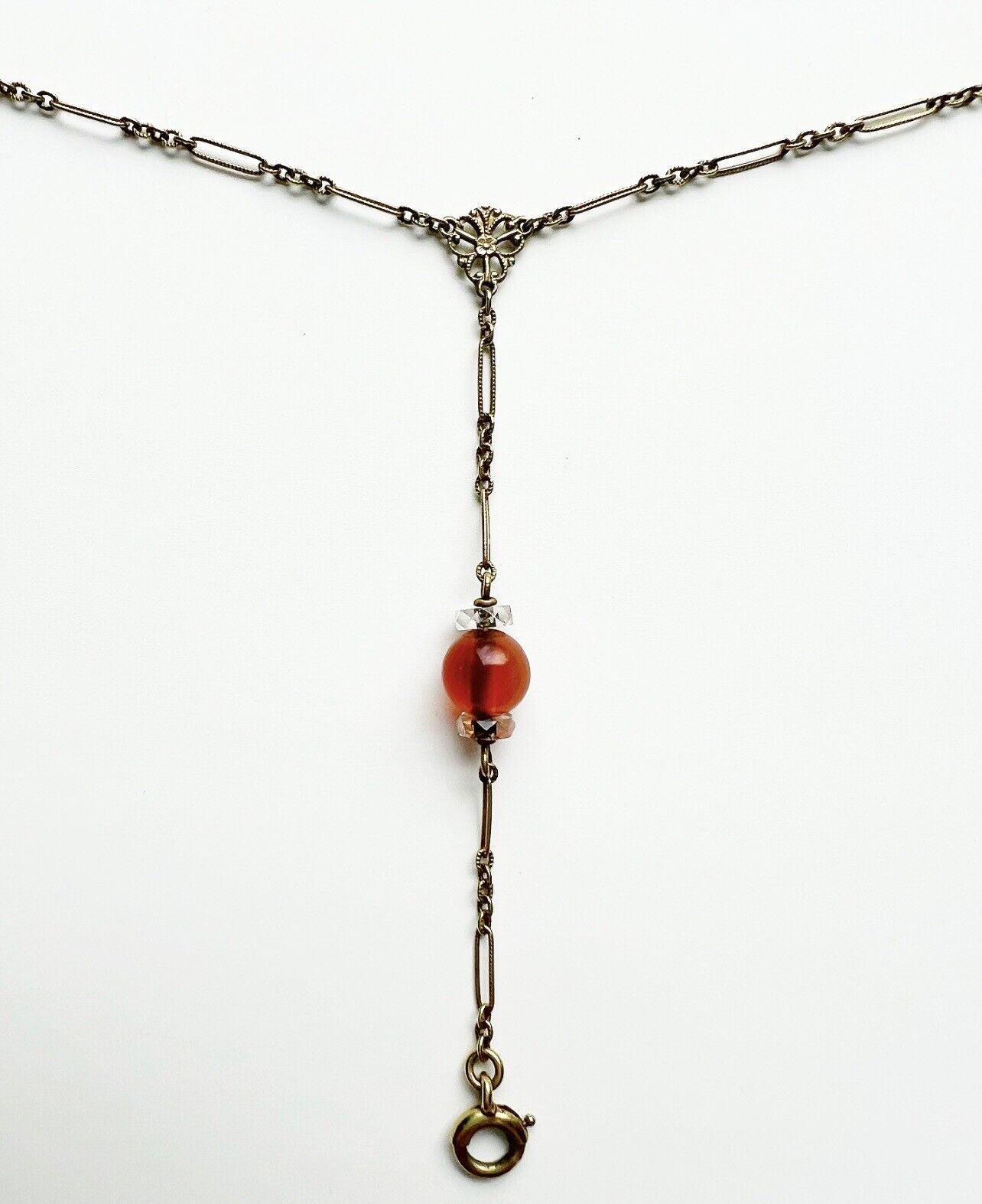 ANTIQUE • Victorian 14k Yellow Gold w/ Carnelian & Rock Crystal Lariat Necklace