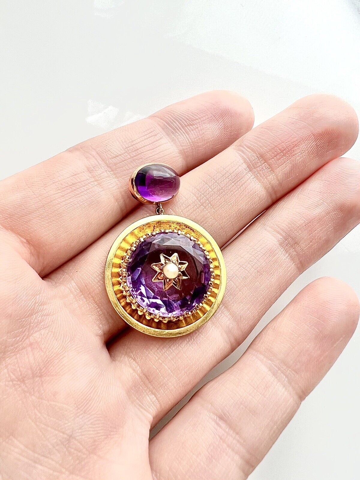 ANTIQUE • Victorian 18k Yellow Gold Amethyst w/ Seed Pearl Starbust Pendant