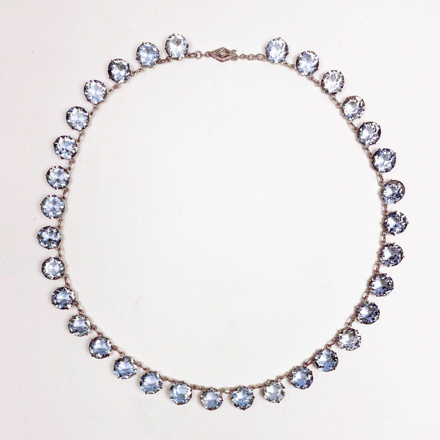 ANTIQUE • Art Deco Sterling Blue Paste Crystal Rivière Necklace w/ Diamond Clasp