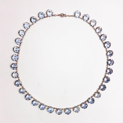 ANTIQUE • Art Deco Sterling Blue Paste Crystal Rivière Necklace w/ Diamond Clasp