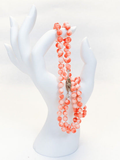 ANTIQUE • Victorian Natural Coral Bead Necklace w/ 14k White Gold Old Mine Cut Diamond Clasp