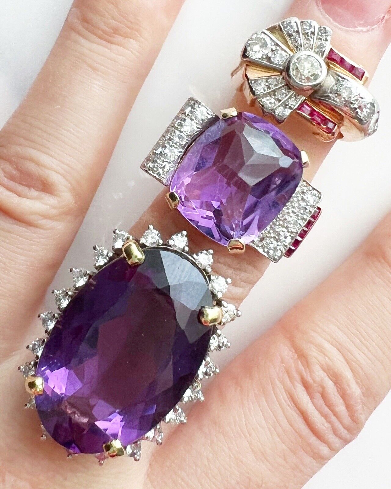 ANTIQUE • Retro 14k Gold Natural Siberian Amethyst & Diamond Halo Cocktail Ring