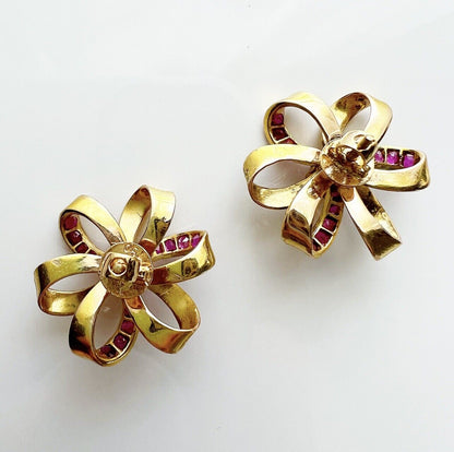 ANTIQUE • Retro 18k Yellow Gold w/ Rubies & Old Mine Cut Diamonds Bow Earrings