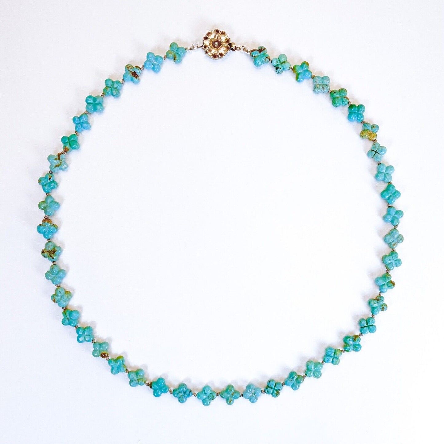 VINTAGE • Number 8 Turquoise Hand Carved Flower & Sterling Silver Clasp Necklace