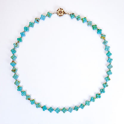 VINTAGE • Number 8 Turquoise Hand Carved Flower & Sterling Silver Clasp Necklace