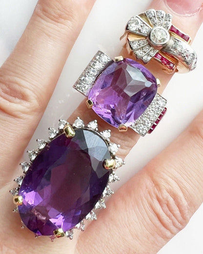 ANTIQUE • Retro 14k Gold Natural Amethyst w/ Diamond & Ruby Cocktail Tank Ring