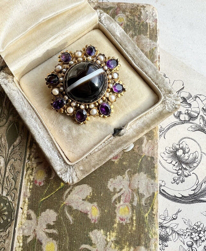 ANTIQUE • Georgian 15k Yellow Gold Banded Agate w/ Sea Pearl & Amethyst Brooch