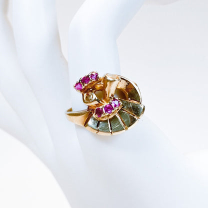 ANTIQUE • Art Nouveau 10k Yellow Gold & Ruby Fan Cocktail Ring Sz. 5.5