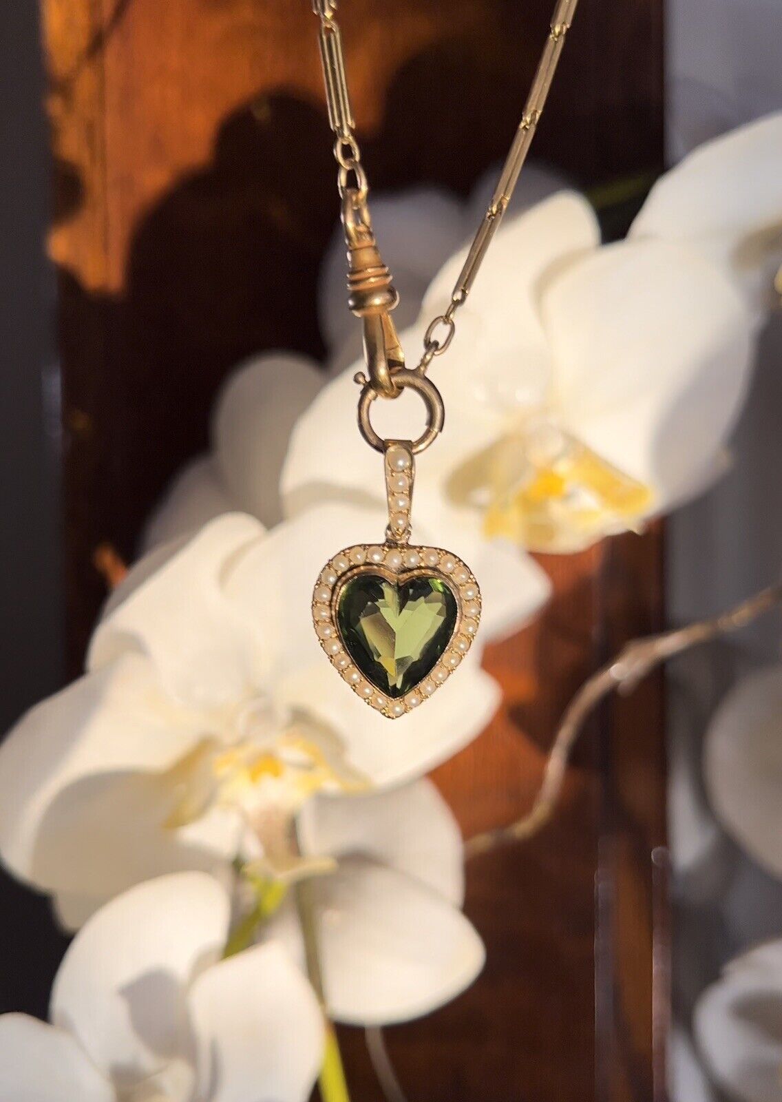 ANTIQUE • Victorian 9k Yellow Gold w/ Peridot Paste Heart & Pearl Halo Pendant