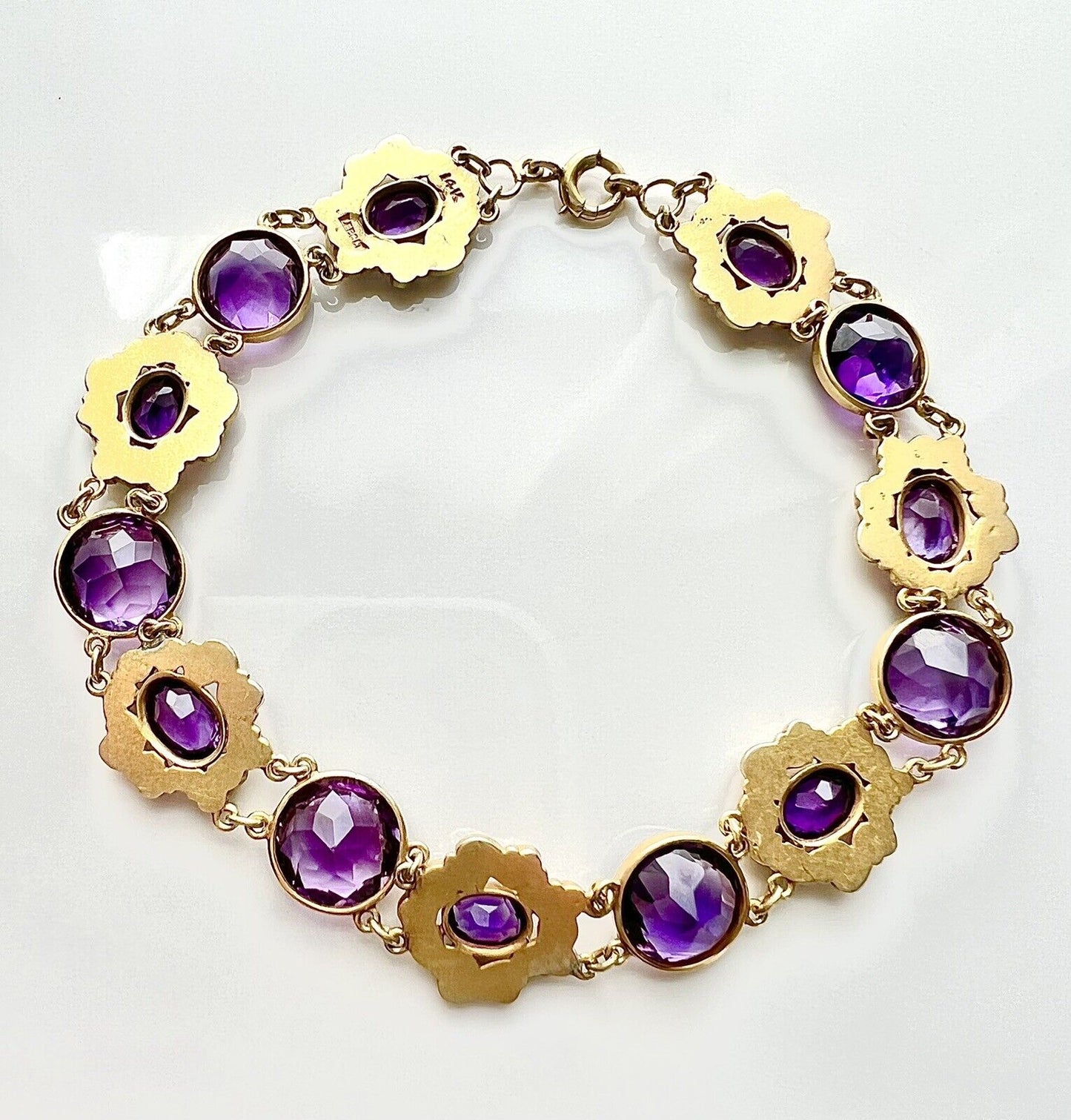 ANTIQUE • Art Nouveau 14k Yellow Gold Repoussé w/ Amethyst Link Bracelet