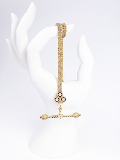 ANTIQUE • Victorian 14k Gold Taille d’Epargne Enamel Clover w/ Pearl Slide Chain & T-Bar Necklace