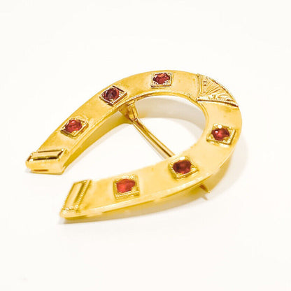 ANTIQUE • Victorian 10k Yellow Gold w/ Paste Garnet Horseshoe Brooch