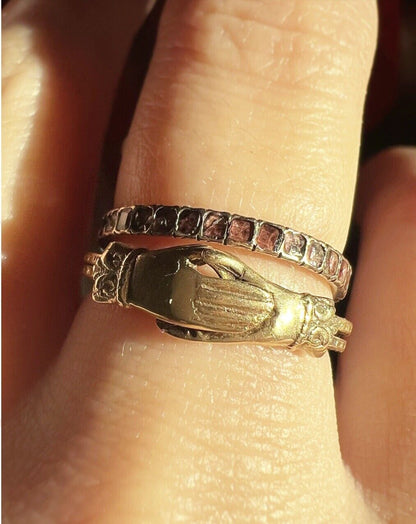 ANTIQUE • Late Georgian/Early Victorian 10k Yellow Gold Engraved Fede Gimmel Friendship Ring