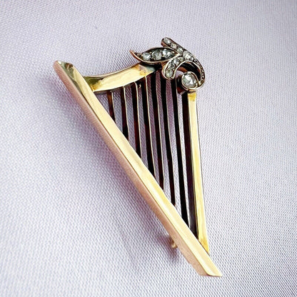 ANTIQUE • Victorian 18k Rosy Yellow Gold w/ Rose Cut Diamonds Harpsichord Brooch