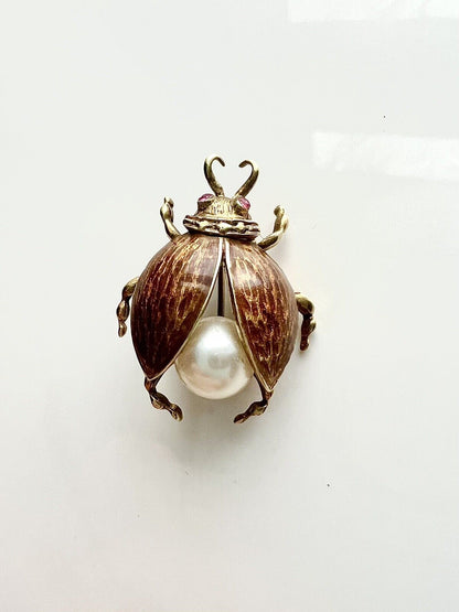 ANTIQUE • Art Nouveau 14k Gold w/ Guilloche Enamel Pearl & Ruby Eyes Beetle Bug Brooch