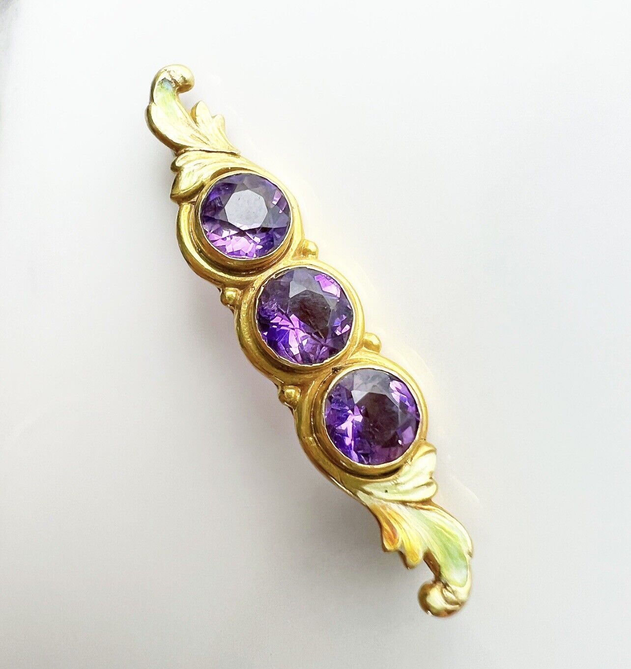 ANTIQUE • Art Nouveau 14k Yellow Gold Amethyst w/ Guilloche Enamel Bar Brooch