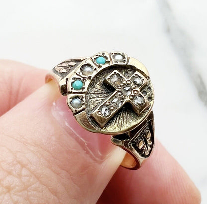 ANTIQUE • Victorian 10k Rosy Gold Turquoise Pearl Diamond Cross & Crescent Ring