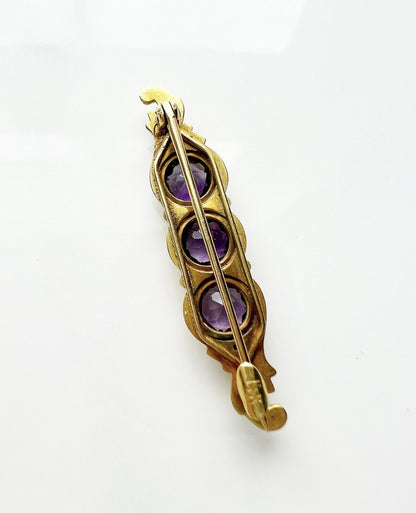 ANTIQUE • Art Nouveau 14k Yellow Gold Amethyst w/ Guilloche Enamel Bar Brooch