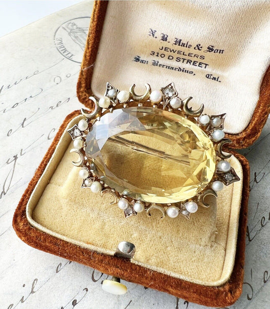 ANTIQUE • Victorian 14k Gold Citrine w/ Seed Pearls & Diamond Pendant Brooch