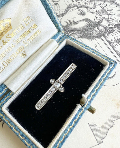 ANTIQUE • Victorian 18k & Platinum Old Rose Cut Diamond Bar Brooch Pin w/ Original Fitted Box