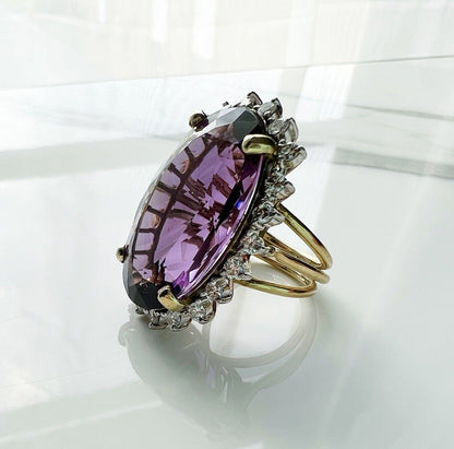 ANTIQUE • Retro 14k Gold Natural Siberian Amethyst & Diamond Halo Cocktail Ring