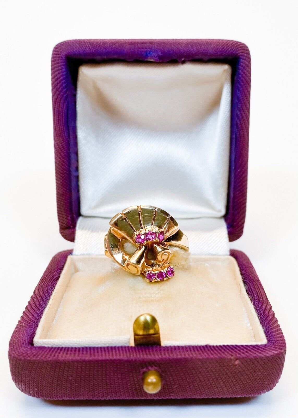 ANTIQUE • Art Nouveau 10k Yellow Gold & Ruby Fan Cocktail Ring Sz. 5.5