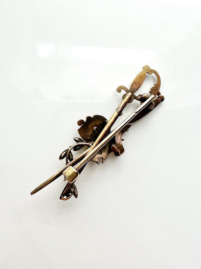 ANTIQUE • Victorian 14k Yellow Gold Enamel w/ Diamond & Seed Pearl Sword Brooch